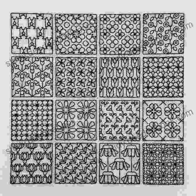 A Close Up Image Of A Geometric Blackwork Sampler With Intricate Patterns And Motifs Geometric Blackwork Sampler 3 Blackwork Pattern