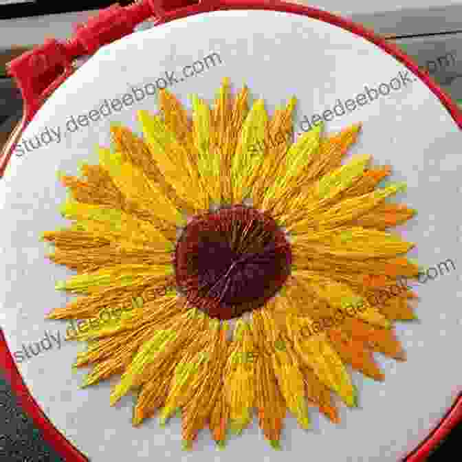 Close Up Of A Sunflower Pattern Being Embroidered Using Various Stitches Flowers In Threads: Sunflower Patterns